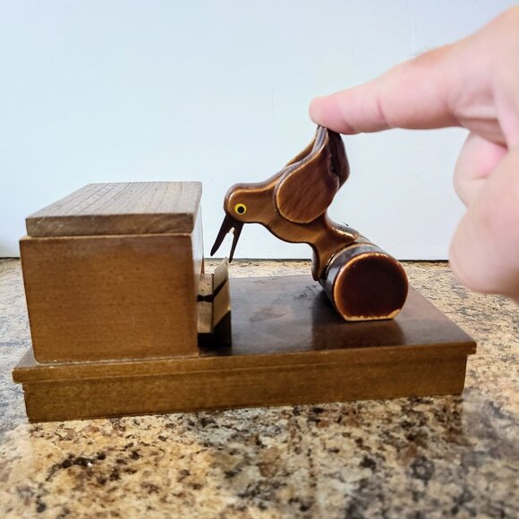 Vintage Wood Cigarette Dispenser Box, Mechanical Wooden Box Bird Bobbing, Works! - Picture 3 of 11